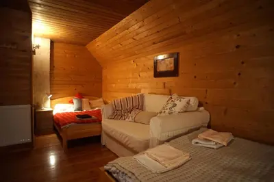 a living room with a couch and a bed in a cabin at River House Mojstrana in Mojstrana