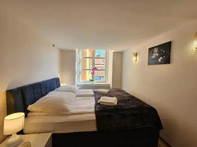 a bedroom with a bed and a window at Relaxed escape in the old town - App Sviti Tour As in Ljubljana