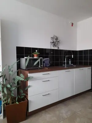 a kitchen with white cabinets and a sink at Room for women or couples in Ljubljana