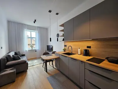 a kitchen and living room with a couch and a table at Elegant Teo Apartment TourAs in Ljubljana Old Town in Ljubljana