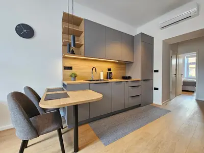 a kitchen with a table and two chairs and a sink at Elegant Teo Apartment TourAs in Ljubljana Old Town in Ljubljana