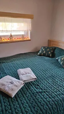 a bedroom with a green bed with towels on it at Studio Barbara in Bohinj