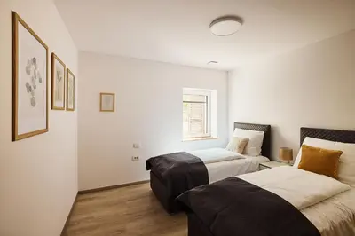 a bedroom with two beds and a window at VIPAVA river house in Vipava