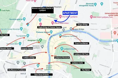 a map of the city of paris with red arrows at Spacious Apartment in Historic Centre & FREE Parking in Ljubljana