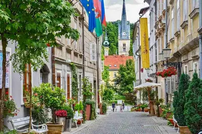 a street in a city with buildings and a church at Artistic Studio Quiet Crusader Street Apartment in Ljubljana