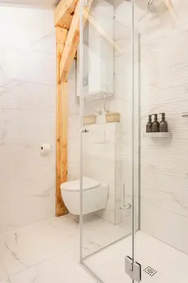 a bathroom with a toilet and a glass shower at Sofija's Central Apartments in Ljubljana