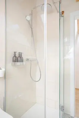 a shower with a glass door in a bathroom at Sofija's Central Apartments in Ljubljana