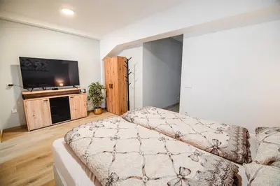 a bedroom with a bed and a flat screen tv at B&B Mio Nonno Rooms Ljubljana in Ljubljana