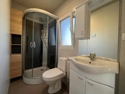 a bathroom with a shower and a toilet and a sink at Mobilna hiška Sončni Gaj in Ptuj