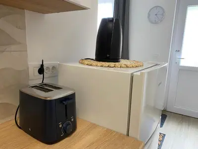 a television sitting on top of a refrigerator at Apartmaji Sofija&Ana in Bovec