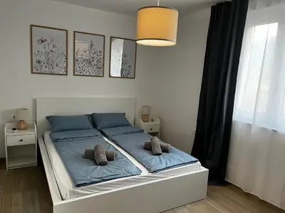 a bedroom with a bed with blue sheets and pillows at Apartmaji Sofija&Ana in Bovec