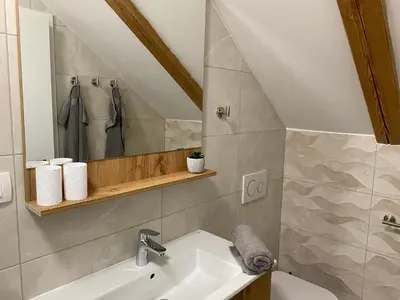 a bathroom with a sink and a mirror at Apartmaji Sofija&Ana in Bovec