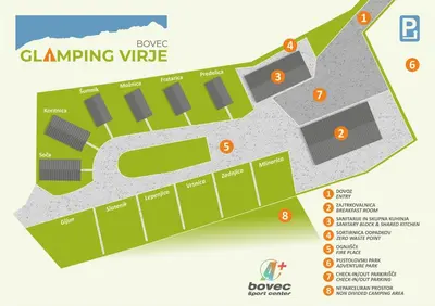 a schematic diagram of the winning site for the glengaming virele stadium at Glamping Virje in Bovec