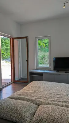 a bedroom with a bed and two windows at Nono Apartment in Renče