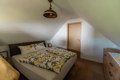 a bedroom with a bed in a attic at WeinSpitz - Wellness House in Miklavž pri Ormožu