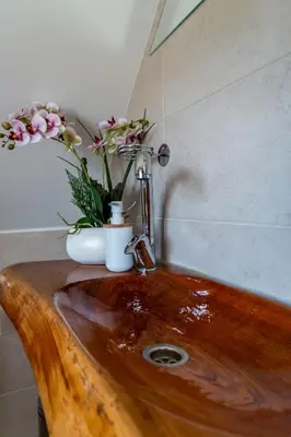 a wooden sink with flowers on top of it at WeinSpitz - Wellness House in Miklavž pri Ormožu