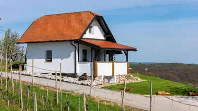 a small white house with an orange roof at WeinSpitz - Wellness House in Miklavž pri Ormožu