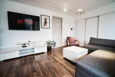 a living room with a couch and a tv at Matic Murgle Atrium Apartment in Ljubljana