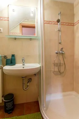 a bathroom with a sink and a shower with a mirror at Apartma Dvor Milena in Bovec