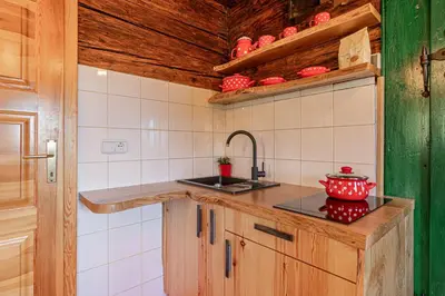 a kitchen with a sink and a red pot on a counter at Organic Homestead Mikl in Slovenj Gradec