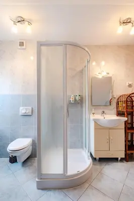 a bathroom with a shower and a toilet and a sink at Apartment Pr' Štajercu with Free Onsite Parking in Bovec
