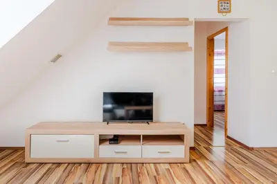 a living room with a flat screen tv on a table at Apartment Pr' Štajercu with Free Onsite Parking in Bovec