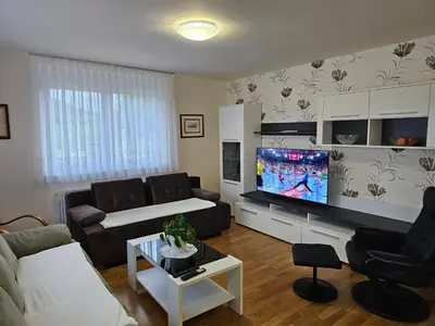 a living room with a couch and a flat screen tv at Hišica ob Potoku in Podčetrtek