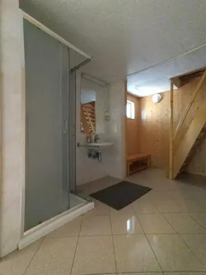 a bathroom with a shower and a sink at Počitniška hiša Lokve in Trnovo