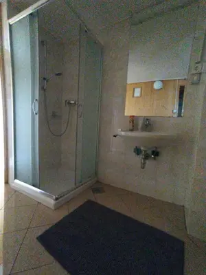 a bathroom with a shower and a black rug at Počitniška hiša Lokve in Trnovo