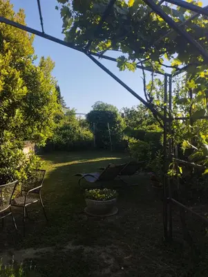 a garden with a table and chairs and a basket of flowers at Zala Apartment in Zgornje Škofije