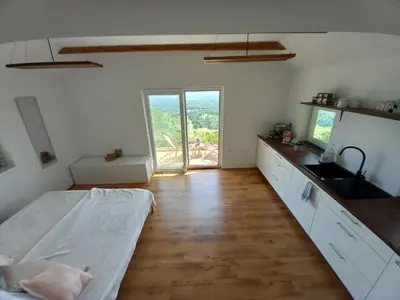 a room with a kitchen with a bed and a sink at Vineyard cottage foggy sea in Semič