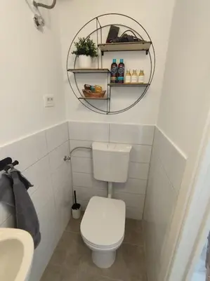 a bathroom with a toilet and a sink and a mirror at One-bedroom city apartment in Ljubljana