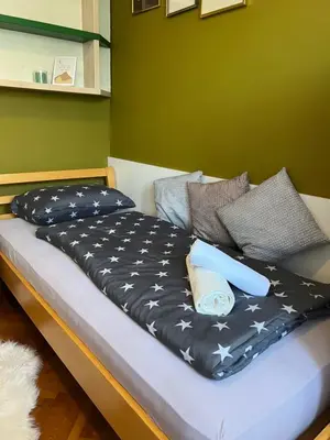 a bed with a black and white comforter on it at Apartment Ljubljana - Free parking in Ljubljana