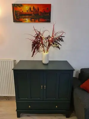 a green cabinet with a vase on top of it at Oldie goldie in Maribor