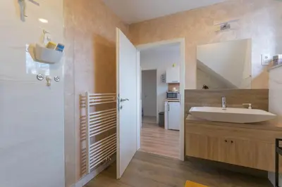 a bathroom with a sink and a shower at Apartma Fantazija in Ribnica