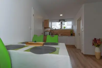 a room with a table with green chairs and a kitchen at Apartma Fantazija in Ribnica