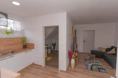 a kitchen and living room with a couch and a table at Apartma Fantazija in Ribnica