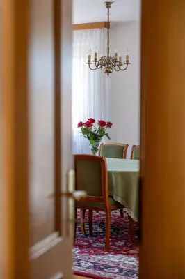a dining room with a table and a vase of flowers at Premium house Anika in Rogaška Slatina