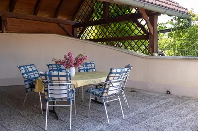 a table with chairs and a vase of flowers on a patio at Premium house Anika in Rogaška Slatina