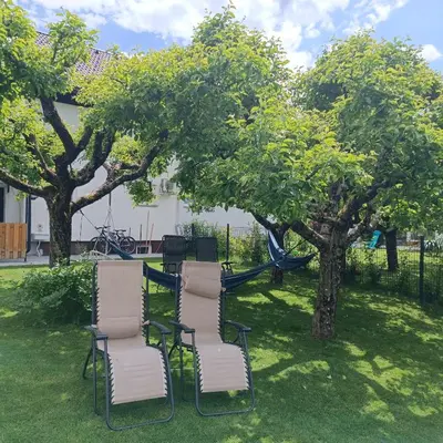 a group of chairs sitting next to a tree at Apartma z lepo teraso za 3+1 osebe in Bled