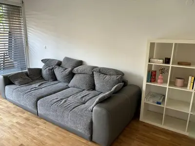 a gray couch in a living room with a book shelf at Dreamy nature apartment near city-family friendly, FREE parking in Ljubljana