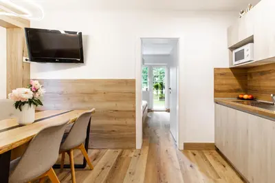 a kitchen and dining room with a wooden table and chairs at Apartment Tina - Lipa 33 in Podčetrtek