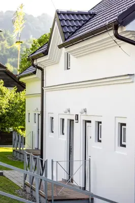 a white house with a black roof at Apartment Tina - Lipa 33 in Podčetrtek