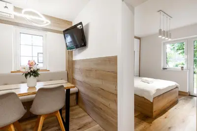 a bedroom with a desk and a bed and a tv at Apartment Tina - Lipa 33 in Podčetrtek