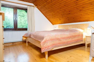 a bedroom with a large bed with a wooden ceiling at Apartments Dominika Štros in Bohinj