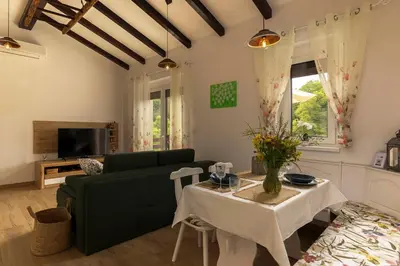 a living room with a green couch and a table at Brkinka Apartments in Vremski Britof