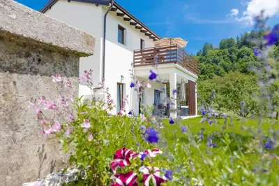 a white house with flowers in front of it at Brkinka Apartments in Vremski Britof