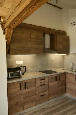 a kitchen with wooden cabinets and a sink at Hiška ob gozdu Lukez plac in Ljubno