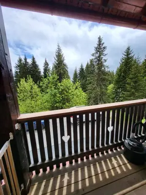 a balcony with a view of the woods at Rogla apartma Rdeča kapica in Vitanje