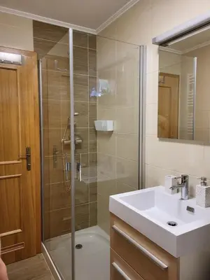 a bathroom with a glass shower and a sink at Rogla apartma Rdeča kapica in Vitanje